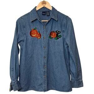 VTG Halloween Denim Shirt Jack-O-Lanterns Black Cat Embroidered Unisex Small
